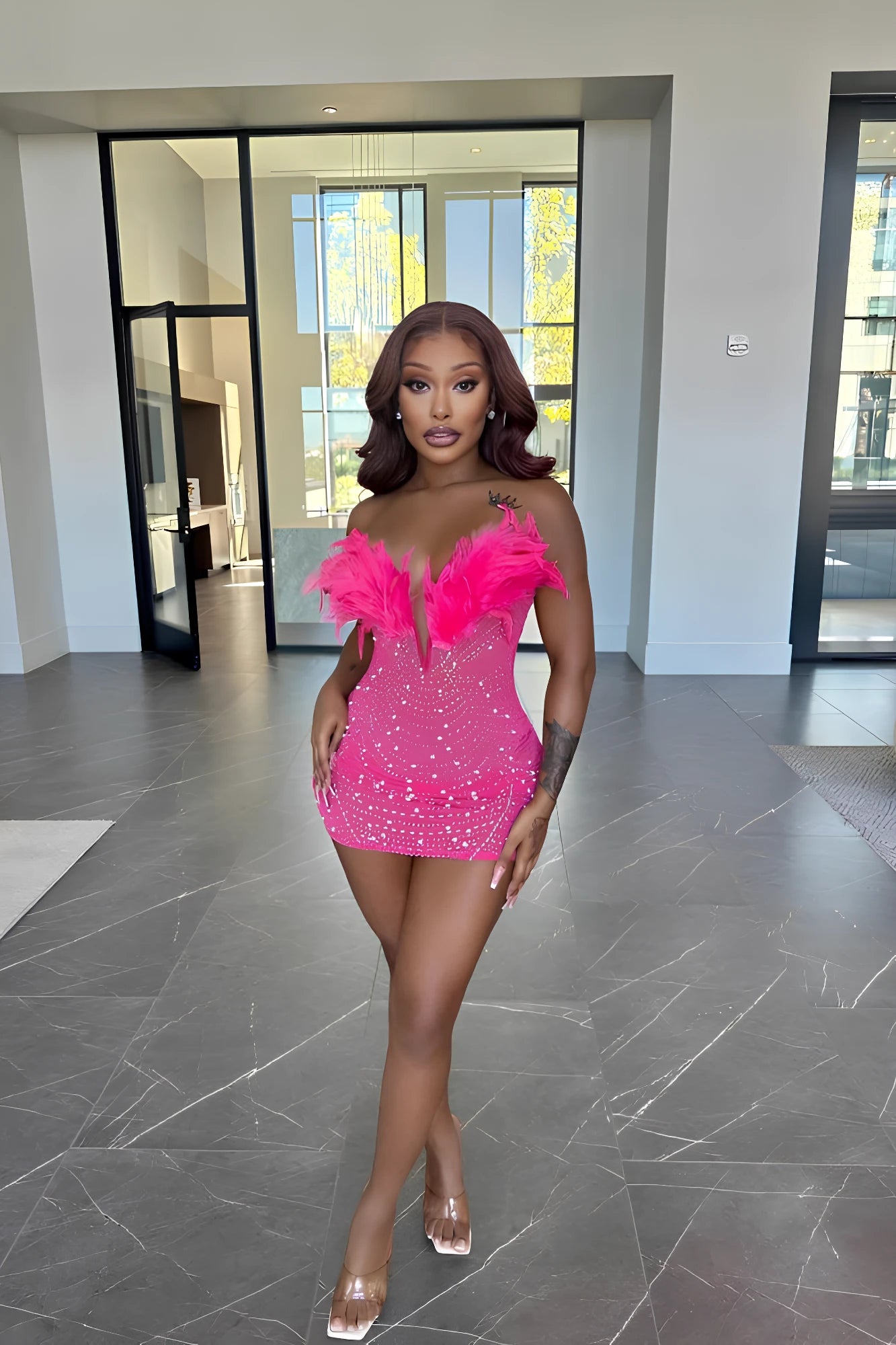 Pink Stardust Feather Mini Dress